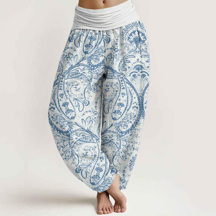 Pantaloni harem da donna con elastico in vita, in puro cotone, con fiori e motivi Paisley, motivo Buddha Stones - Bianco - US22, UK/AU26, EU54 (6XL) - image 0