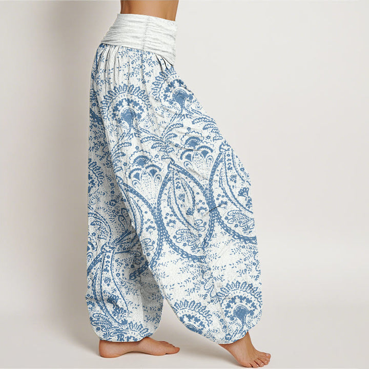 Pantaloni harem da donna con elastico in vita, in puro cotone, con fiori e motivi Paisley, motivo Buddha Stones