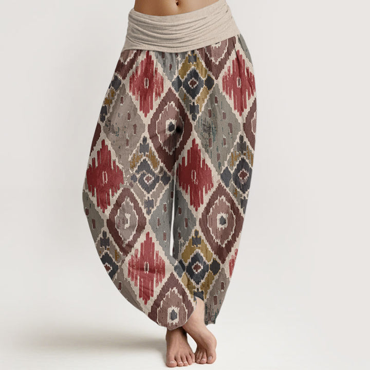 Pantaloni harem da donna in puro cotone con stampa a quadri e vita elastica, motivo Buddha Stones