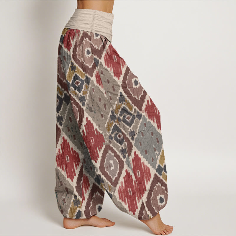Pantaloni harem da donna in puro cotone con stampa a quadri e vita elastica, motivo Buddha Stones