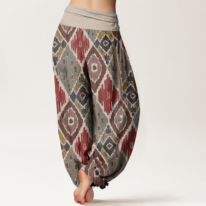 Pantaloni harem da donna in puro cotone con stampa a quadri e vita elastica, motivo Buddha Stones