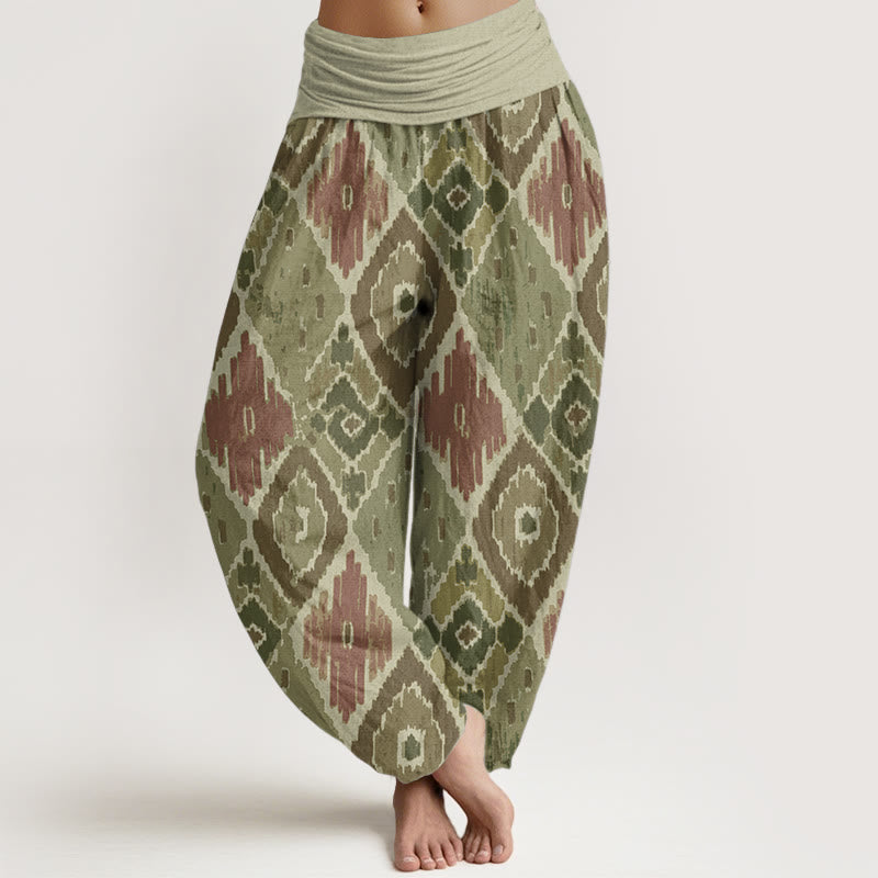 Pantaloni harem da donna in puro cotone con stampa a quadri e vita elastica, motivo Buddha Stones