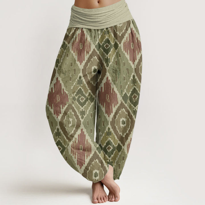 Pantaloni harem da donna in puro cotone con stampa a quadri e vita elastica, motivo Buddha Stones