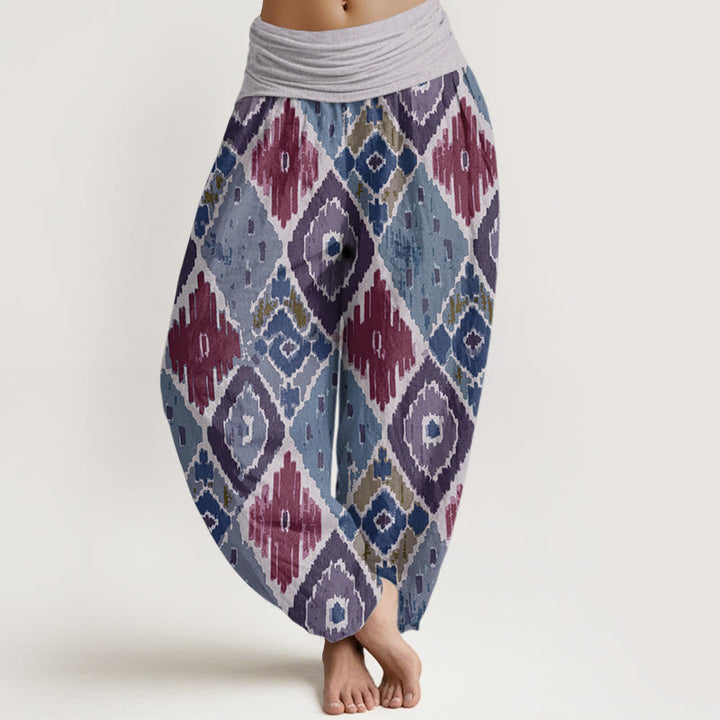 Pantaloni harem da donna in puro cotone con stampa a quadri e vita elastica, motivo Buddha Stones