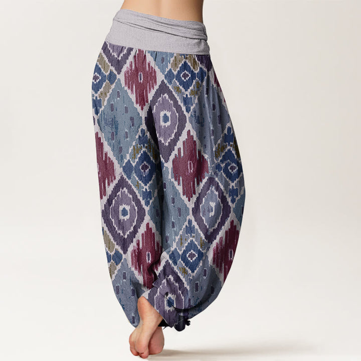 Pantaloni harem da donna in puro cotone con stampa a quadri e vita elastica, motivo Buddha Stones