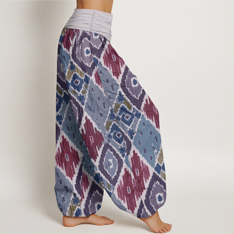 Pantaloni harem da donna in puro cotone con stampa a quadri e vita elastica, motivo Buddha Stones