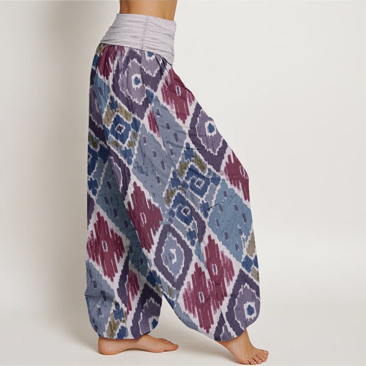 Pantaloni harem da donna in puro cotone con stampa a quadri e vita elastica, motivo Buddha Stones