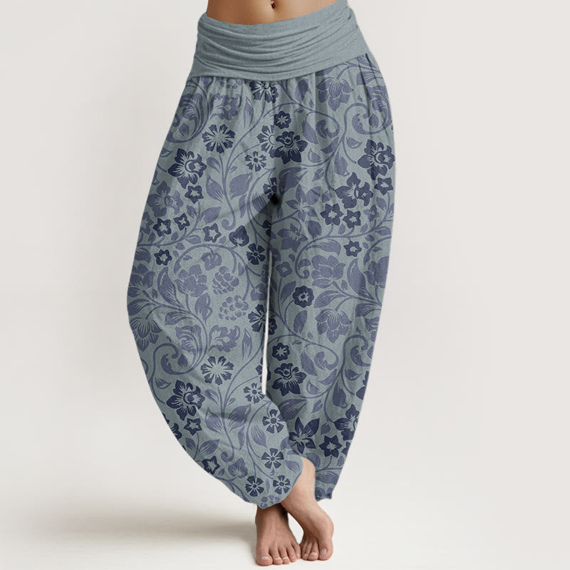 Pantaloni harem da donna in cotone con elastico in vita, piccoli fiori e rami intrecciati, motivo Buddha Stones