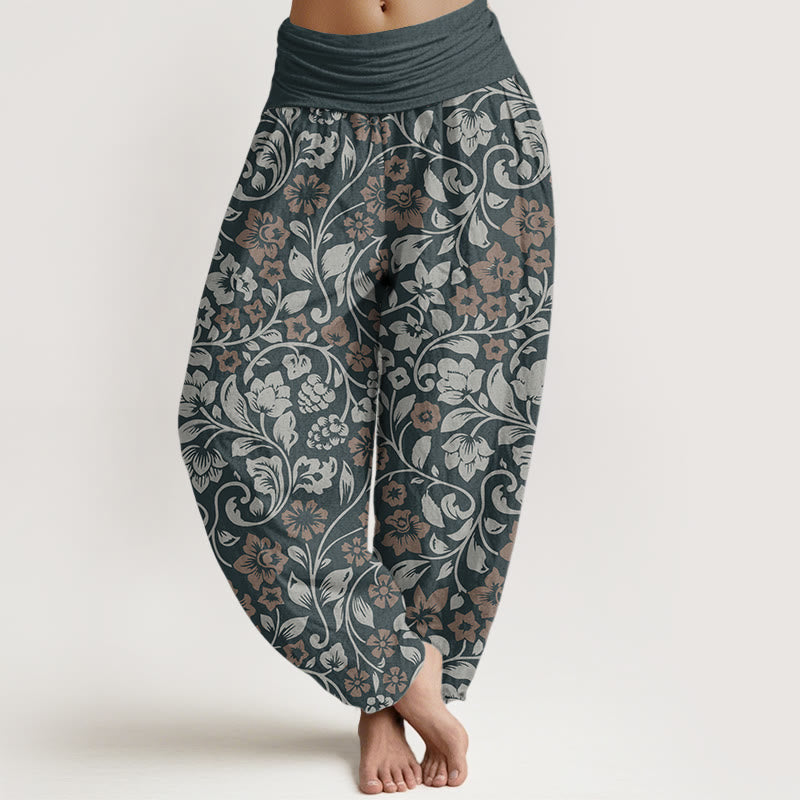 Pantaloni harem da donna in cotone con elastico in vita, piccoli fiori e rami intrecciati, motivo Buddha Stones