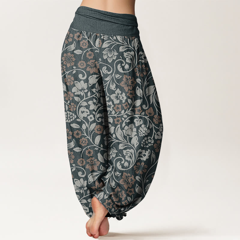Pantaloni harem da donna in cotone con elastico in vita, piccoli fiori e rami intrecciati, motivo Buddha Stones