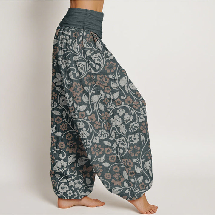 Pantaloni harem da donna in cotone con elastico in vita, piccoli fiori e rami intrecciati, motivo Buddha Stones