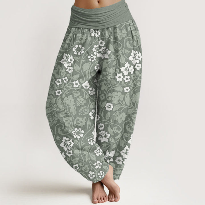 Pantaloni harem da donna in cotone con elastico in vita, piccoli fiori e rami intrecciati, motivo Buddha Stones