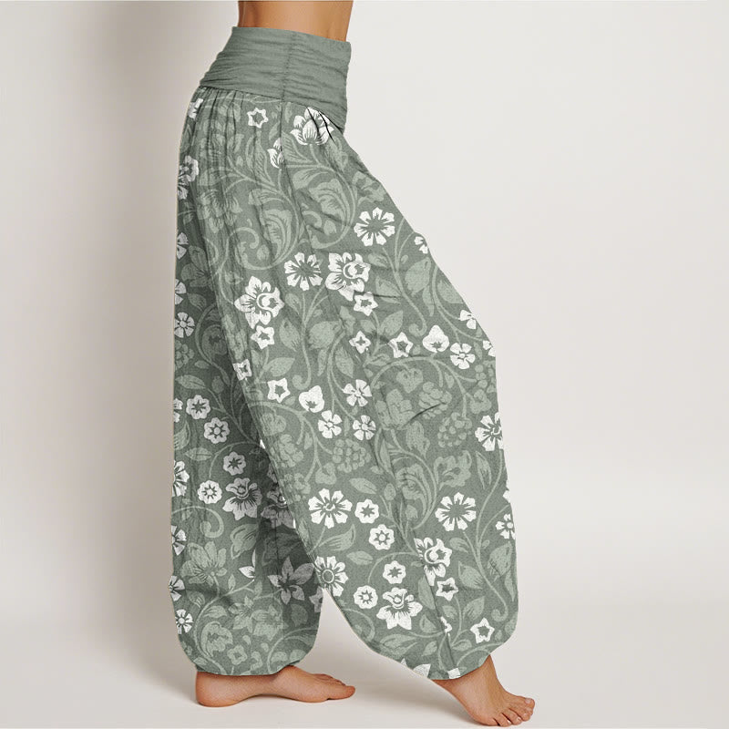 Pantaloni harem da donna in cotone con elastico in vita, piccoli fiori e rami intrecciati, motivo Buddha Stones