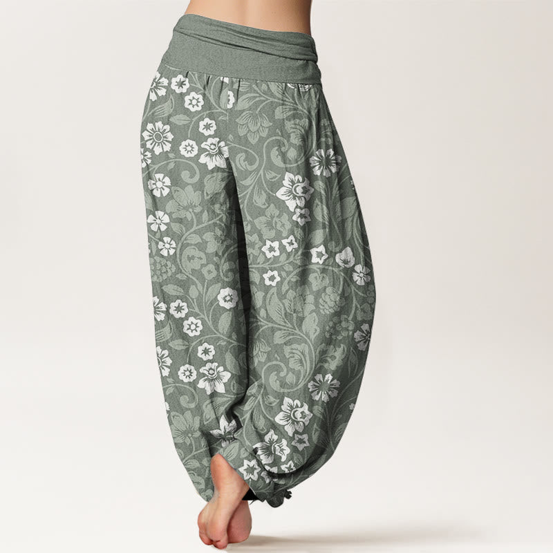 Pantaloni harem da donna in cotone con elastico in vita, piccoli fiori e rami intrecciati, motivo Buddha Stones