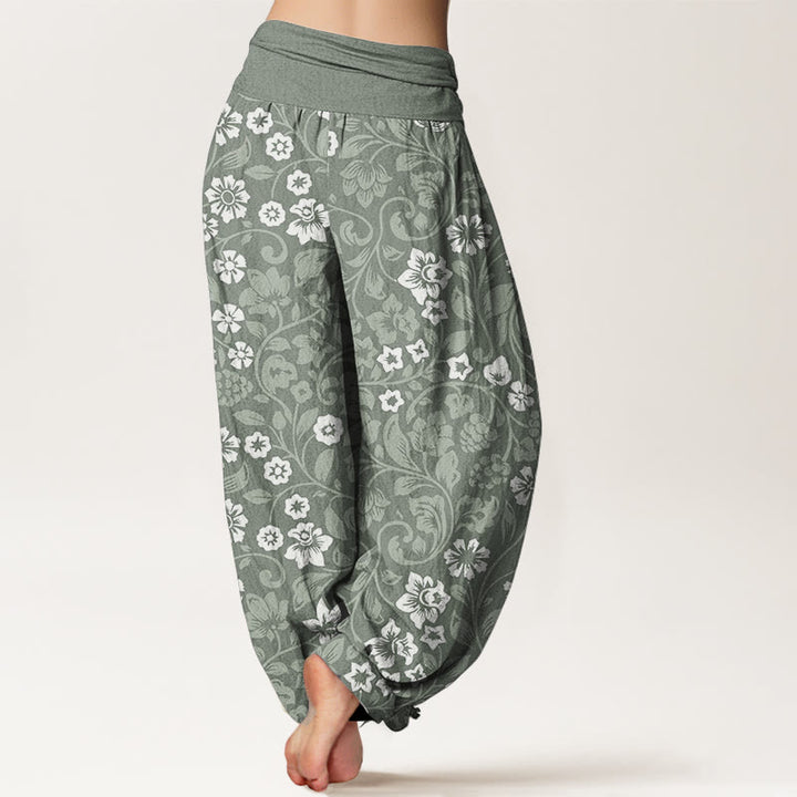 Pantaloni harem da donna in cotone con elastico in vita, piccoli fiori e rami intrecciati, motivo Buddha Stones