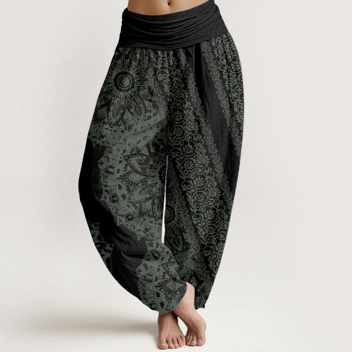 Pantaloni harem da donna con elastico in vita, in puro cotone con motivo mandala e fiori paralleli, motivo Buddha Stones