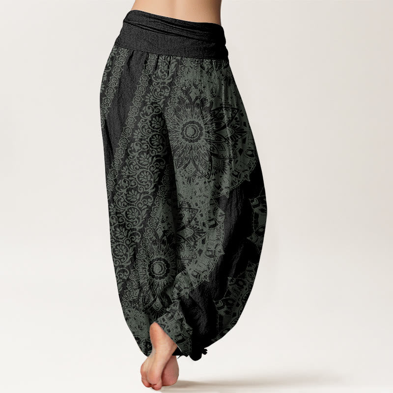 Pantaloni harem da donna con elastico in vita, in puro cotone con motivo mandala e fiori paralleli, motivo Buddha Stones
