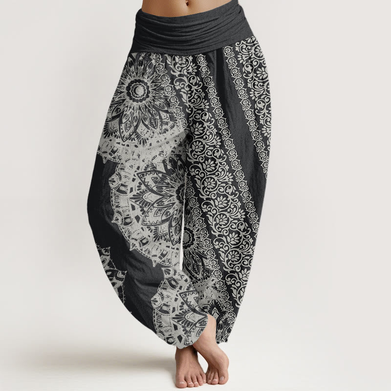 Pantaloni harem da donna con elastico in vita, in puro cotone con motivo mandala e fiori paralleli, motivo Buddha Stones - Grigio scuro - US22, UK/AU26, EU54 (6XL) - image 0