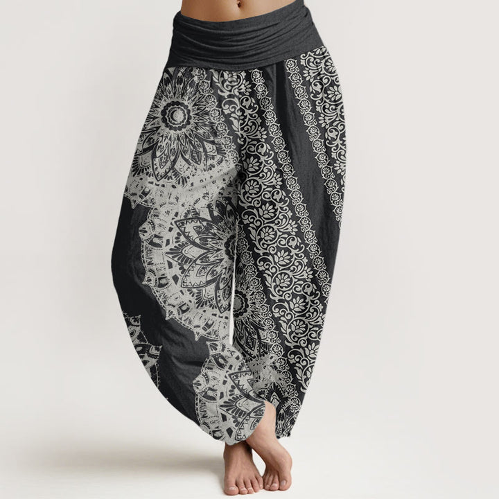 Pantaloni harem da donna con elastico in vita, in puro cotone con motivo mandala e fiori paralleli, motivo Buddha Stones