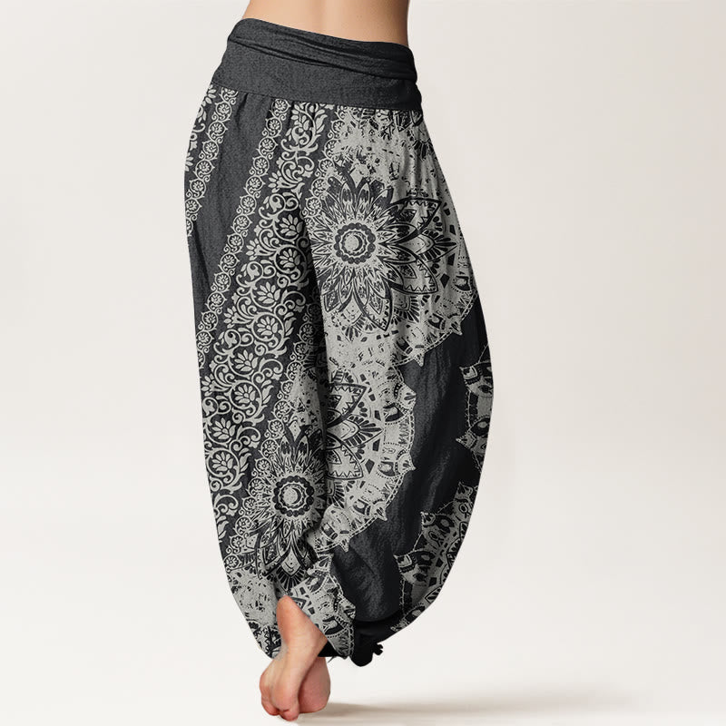 Pantaloni harem da donna con elastico in vita, in puro cotone con motivo mandala e fiori paralleli, motivo Buddha Stones
