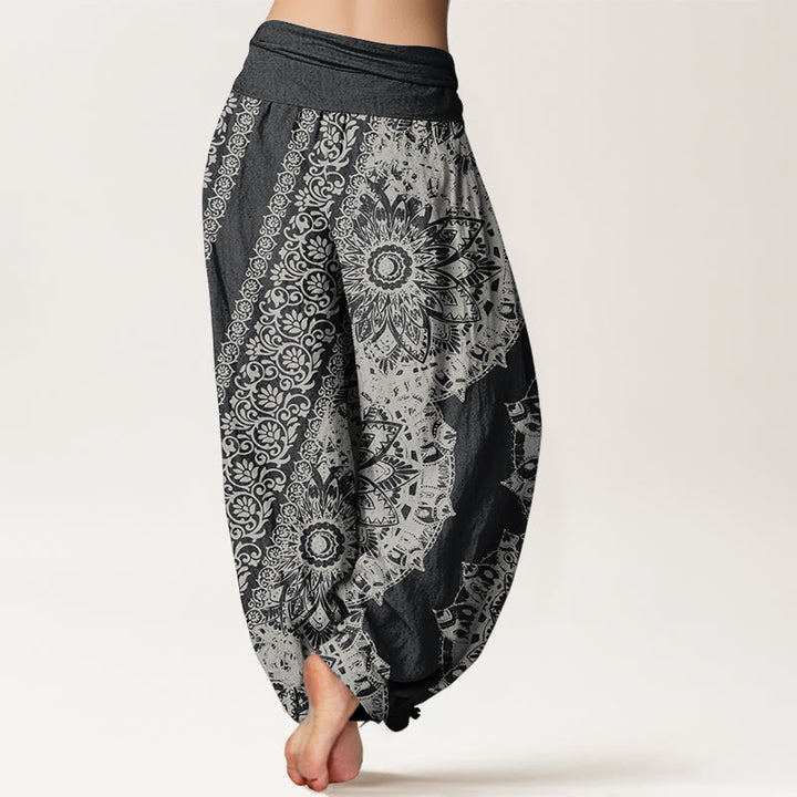 Pantaloni harem da donna con elastico in vita, in puro cotone con motivo mandala e fiori paralleli, motivo Buddha Stones