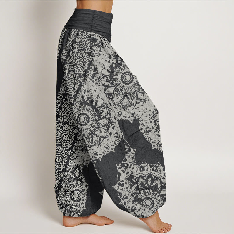 Pantaloni harem da donna con elastico in vita, in puro cotone con motivo mandala e fiori paralleli, motivo Buddha Stones - image 2