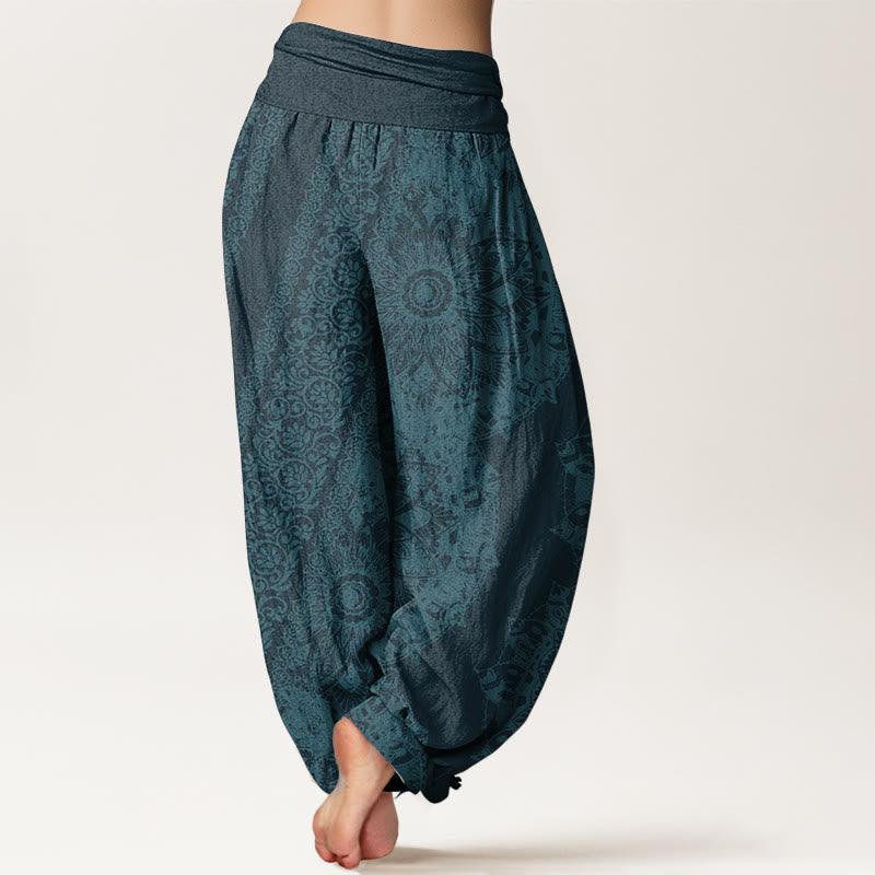 Pantaloni harem da donna con elastico in vita, in puro cotone con motivo mandala e fiori paralleli, motivo Buddha Stones