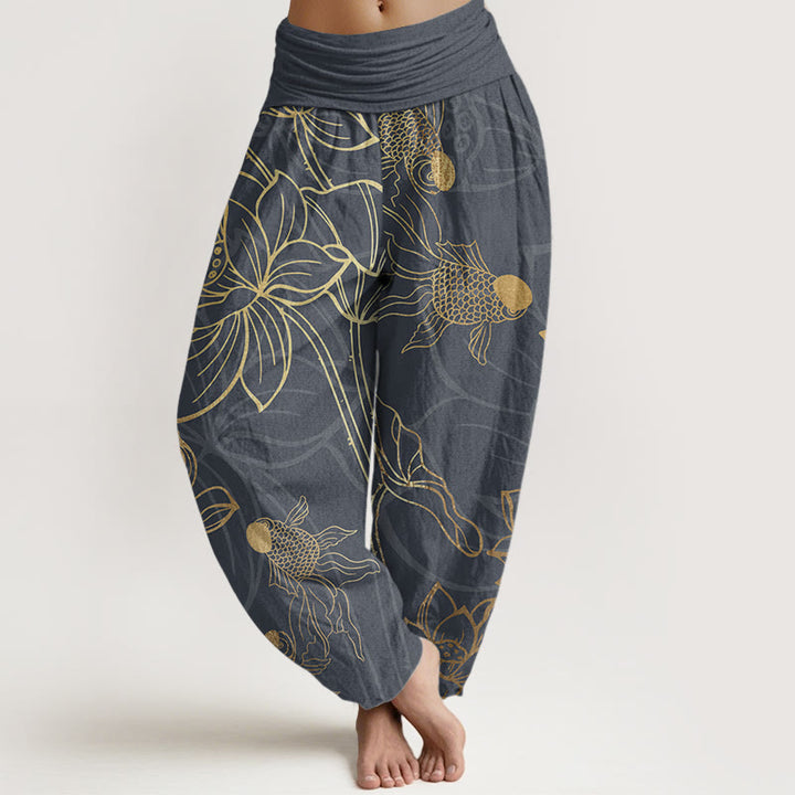 Pantaloni harem da donna con elastico in vita, in puro cotone, con foglie di loto e pesci koi, motivo Buddha Stones