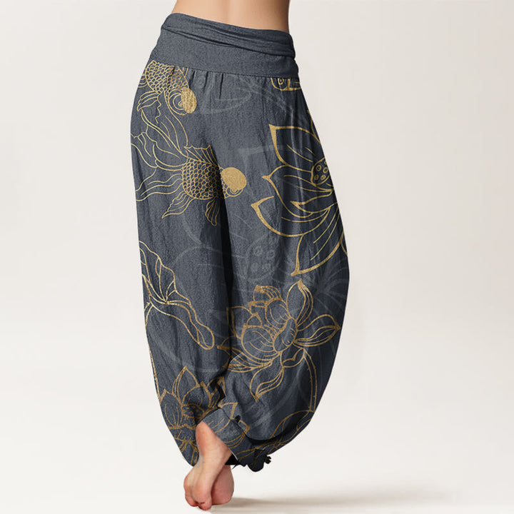 Pantaloni harem da donna con elastico in vita, in puro cotone, con foglie di loto e pesci koi, motivo Buddha Stones