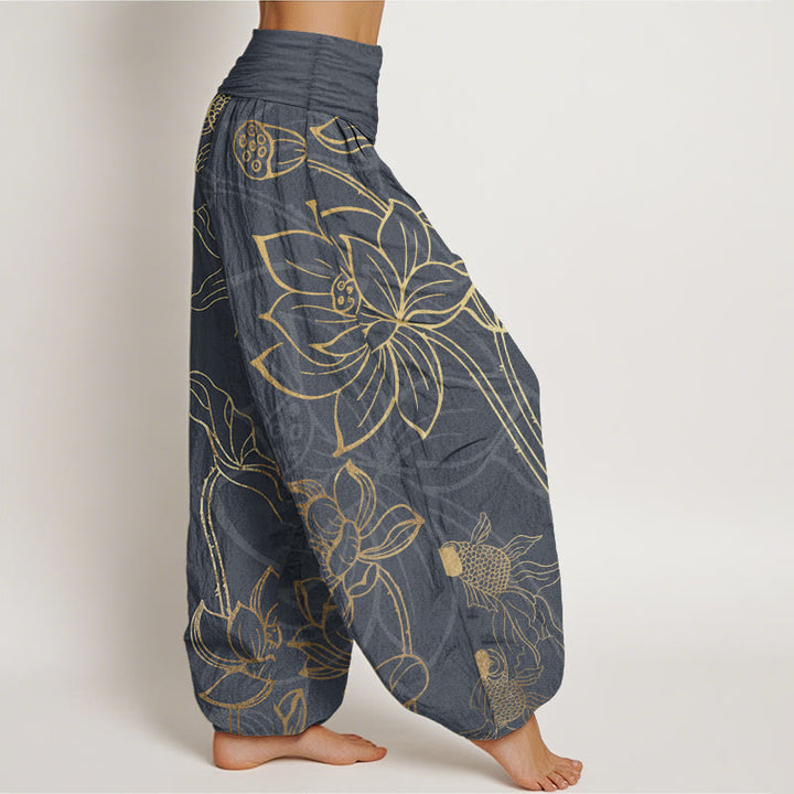 Pantaloni harem da donna con elastico in vita, in puro cotone, con foglie di loto e pesci koi, motivo Buddha Stones