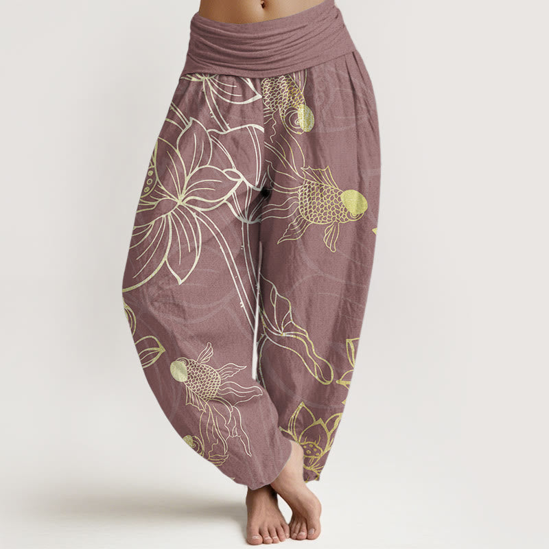 Pantaloni harem da donna con elastico in vita, in puro cotone, con foglie di loto e pesci koi, motivo Buddha Stones