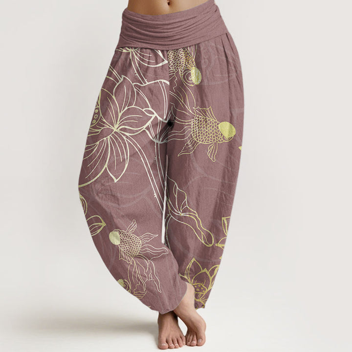 Pantaloni harem da donna con elastico in vita, in puro cotone, con foglie di loto e pesci koi, motivo Buddha Stones