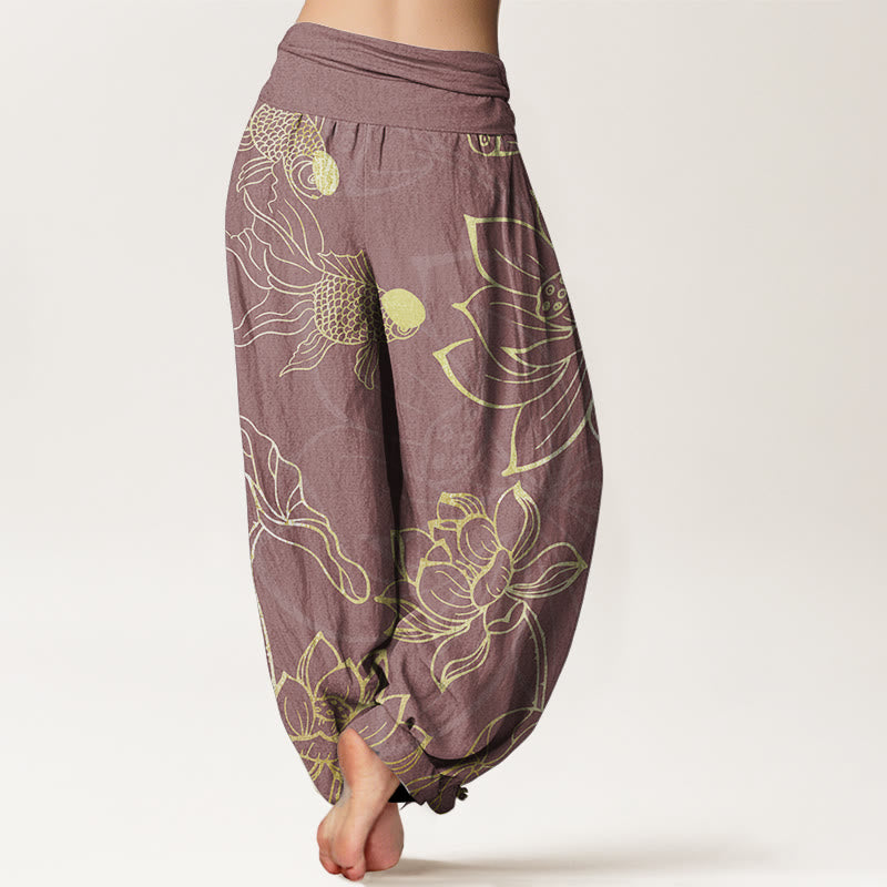 Pantaloni harem da donna con elastico in vita, in puro cotone, con foglie di loto e pesci koi, motivo Buddha Stones