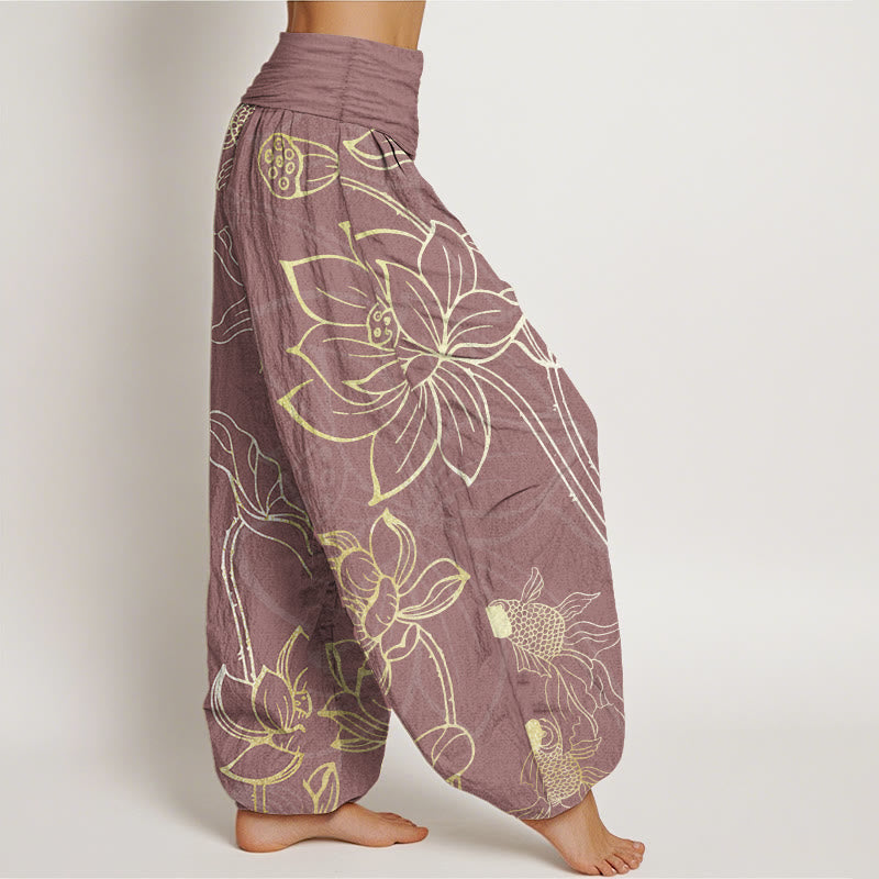 Pantaloni harem da donna con elastico in vita, in puro cotone, con foglie di loto e pesci koi, motivo Buddha Stones