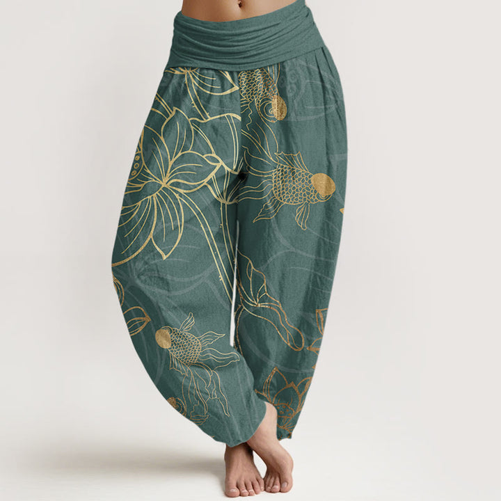Pantaloni harem da donna con elastico in vita, in puro cotone, con foglie di loto e pesci koi, motivo Buddha Stones