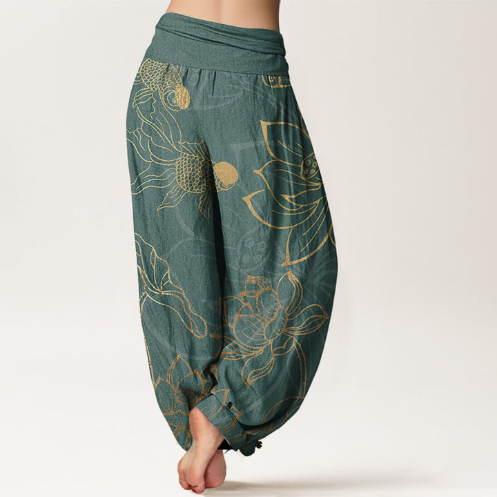 Pantaloni harem da donna con elastico in vita, in puro cotone, con foglie di loto e pesci koi, motivo Buddha Stones