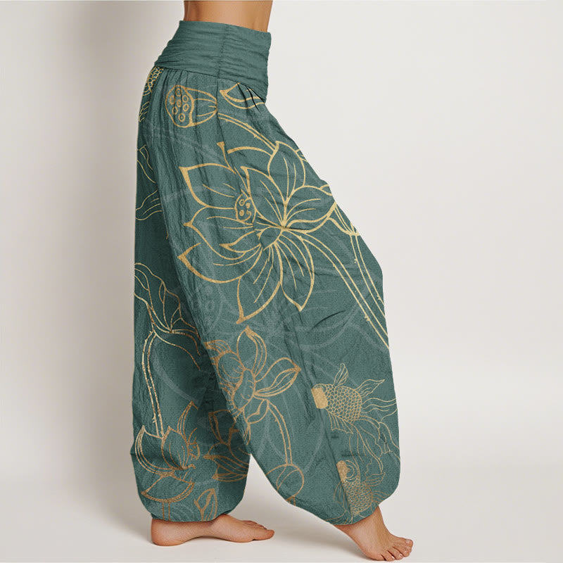 Pantaloni harem da donna con elastico in vita, in puro cotone, con foglie di loto e pesci koi, motivo Buddha Stones