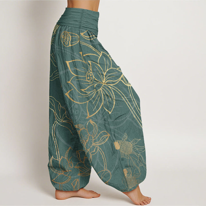 Pantaloni harem da donna con elastico in vita, in puro cotone, con foglie di loto e pesci koi, motivo Buddha Stones