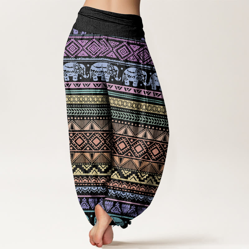 Pantaloni harem da donna con elastico in vita, in puro cotone, casual, con motivo geometrico a elefante, motivo Buddha Stones