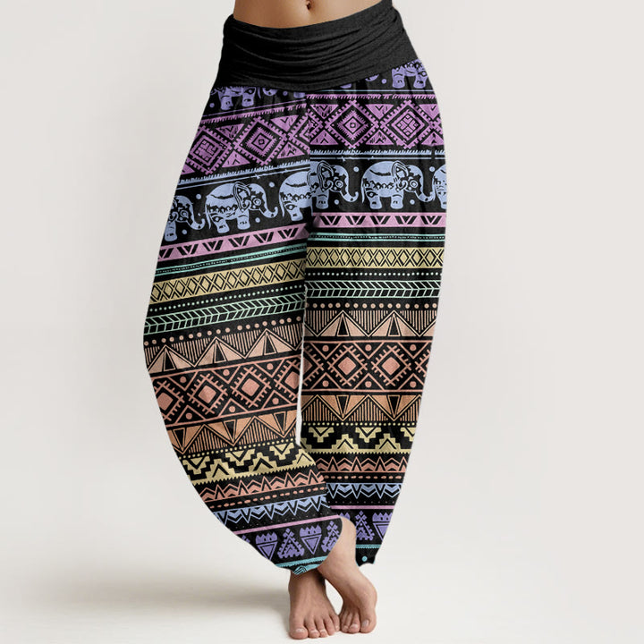Pantaloni harem da donna con elastico in vita, in puro cotone, casual, con motivo geometrico a elefante, motivo Buddha Stones