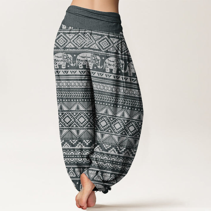 Pantaloni harem da donna con elastico in vita, in puro cotone, casual, con motivo geometrico a elefante, motivo Buddha Stones