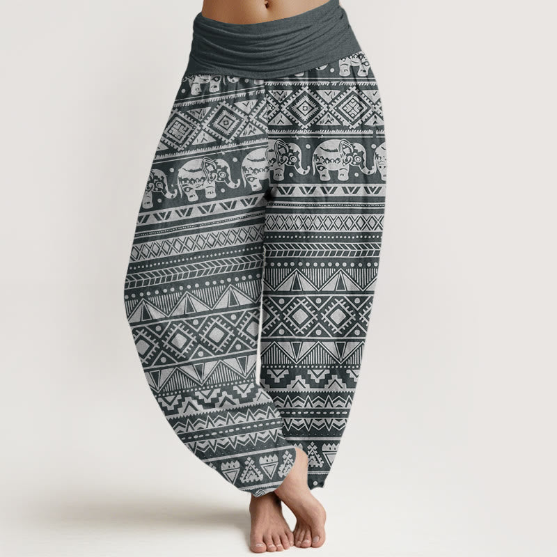 Pantaloni harem da donna con elastico in vita, in puro cotone, casual, con motivo geometrico a elefante, motivo Buddha Stones
