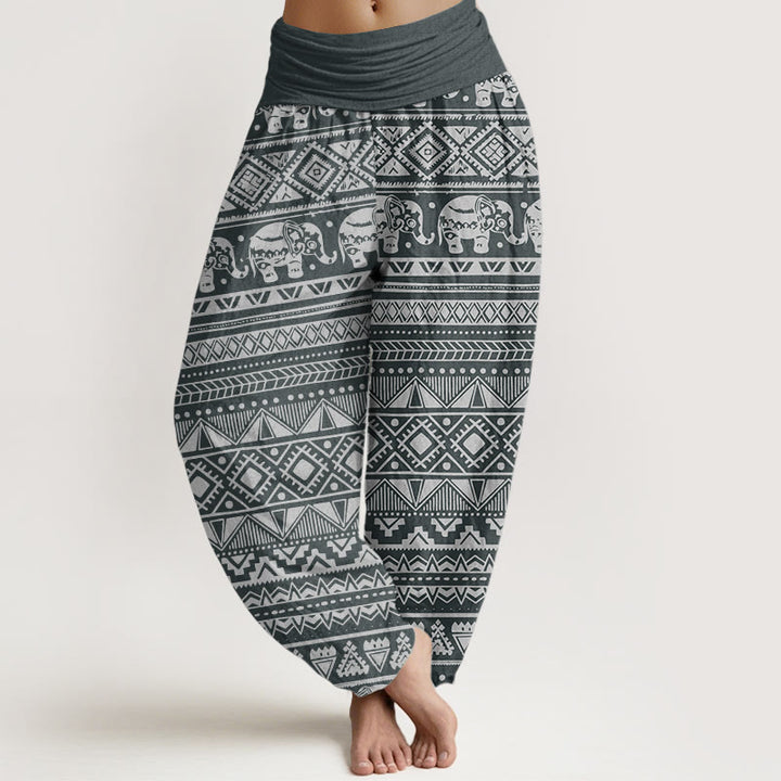 Pantaloni harem da donna con elastico in vita, in puro cotone, casual, con motivo geometrico a elefante, motivo Buddha Stones