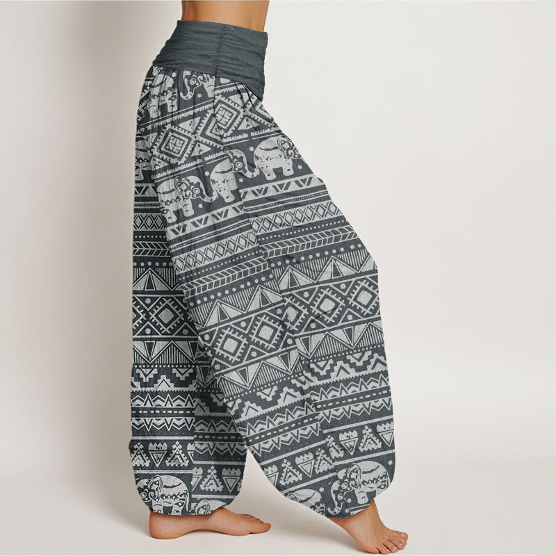 Pantaloni harem da donna con elastico in vita, in puro cotone, casual, con motivo geometrico a elefante, motivo Buddha Stones
