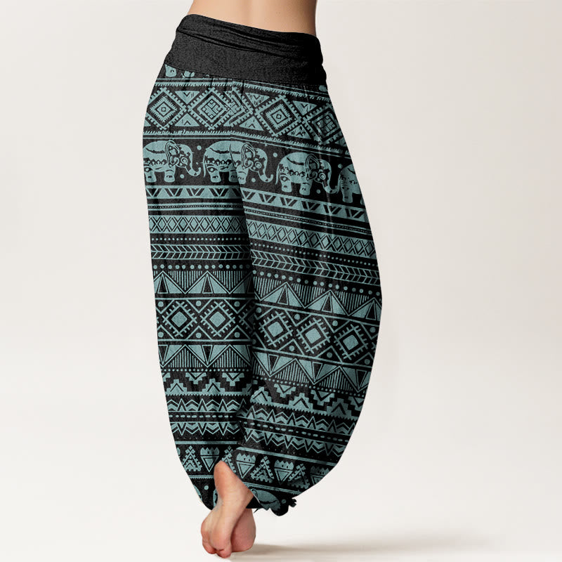 Pantaloni harem da donna con elastico in vita, in puro cotone, casual, con motivo geometrico a elefante, motivo Buddha Stones