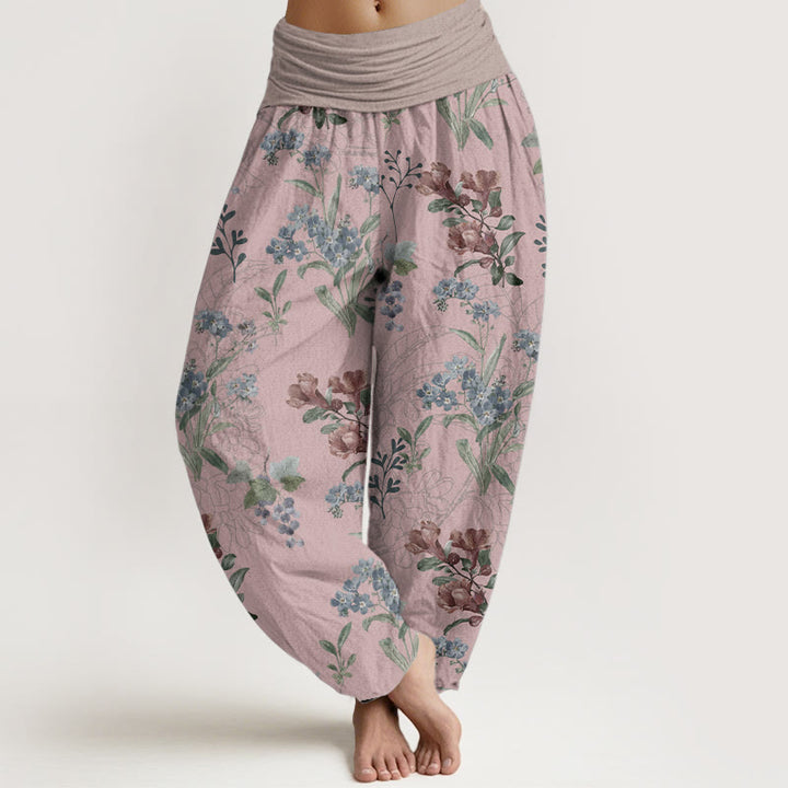 Pantaloni harem da donna con elastico in vita, in puro cotone, con fiori rossi e blu e foglie verdi, motivo Buddha Stones