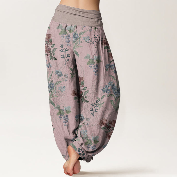 Pantaloni harem da donna con elastico in vita, in puro cotone, con fiori rossi e blu e foglie verdi, motivo Buddha Stones - image 1