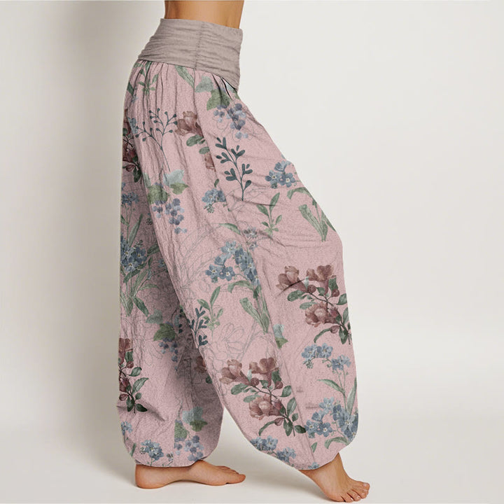 Pantaloni harem da donna con elastico in vita, in puro cotone, con fiori rossi e blu e foglie verdi, motivo Buddha Stones