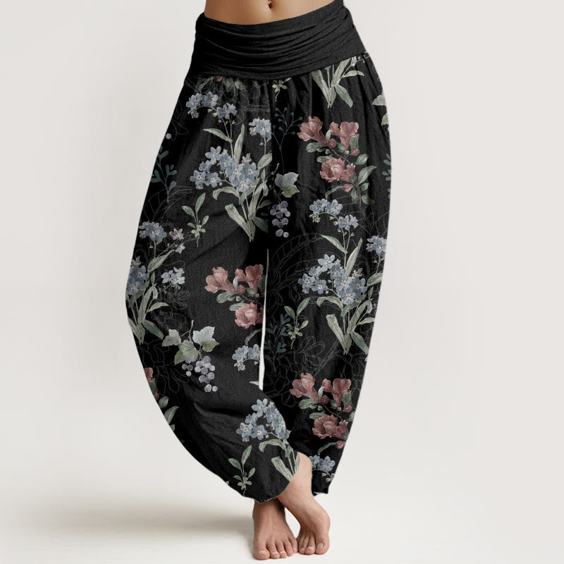 Pantaloni harem da donna con elastico in vita, in puro cotone, con fiori rossi e blu e foglie verdi, motivo Buddha Stones