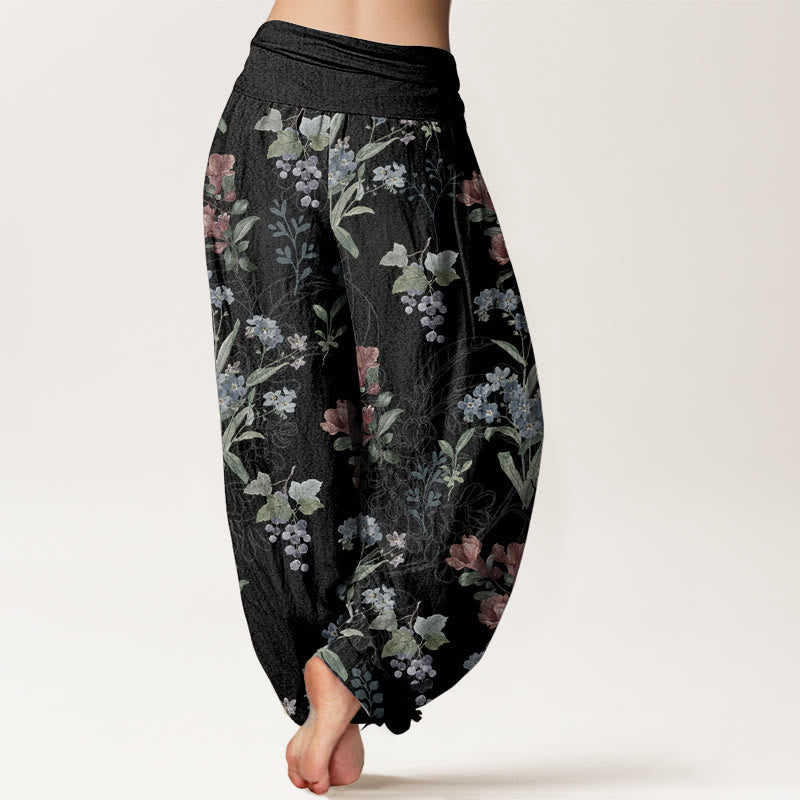 Pantaloni harem da donna con elastico in vita, in puro cotone, con fiori rossi e blu e foglie verdi, motivo Buddha Stones